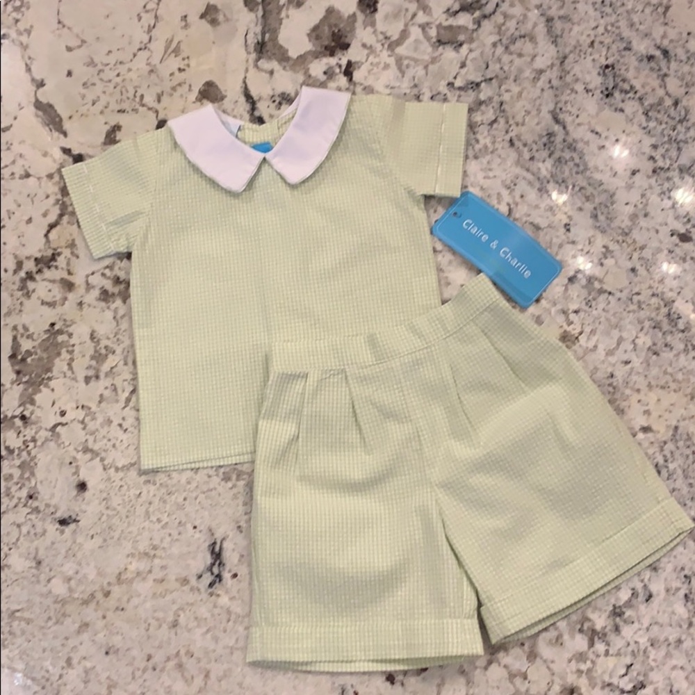 2 piece set green gingham with Peter Pan collar